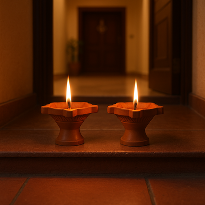 Masota - Set of 2 Standing Clay Diya – Handmade Terracotta Oil Lamp for Puja