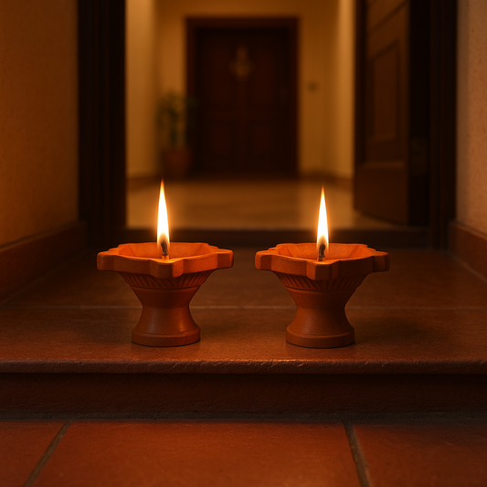 Masota - Set of 2 Standing Clay Diya – Handmade Terracotta Oil Lamp for Puja